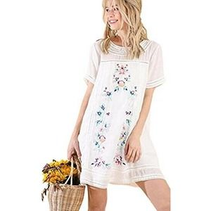 Umgee Floral Embroidered A Line Tunic Dress White Womens Bohemian Size Small EUC